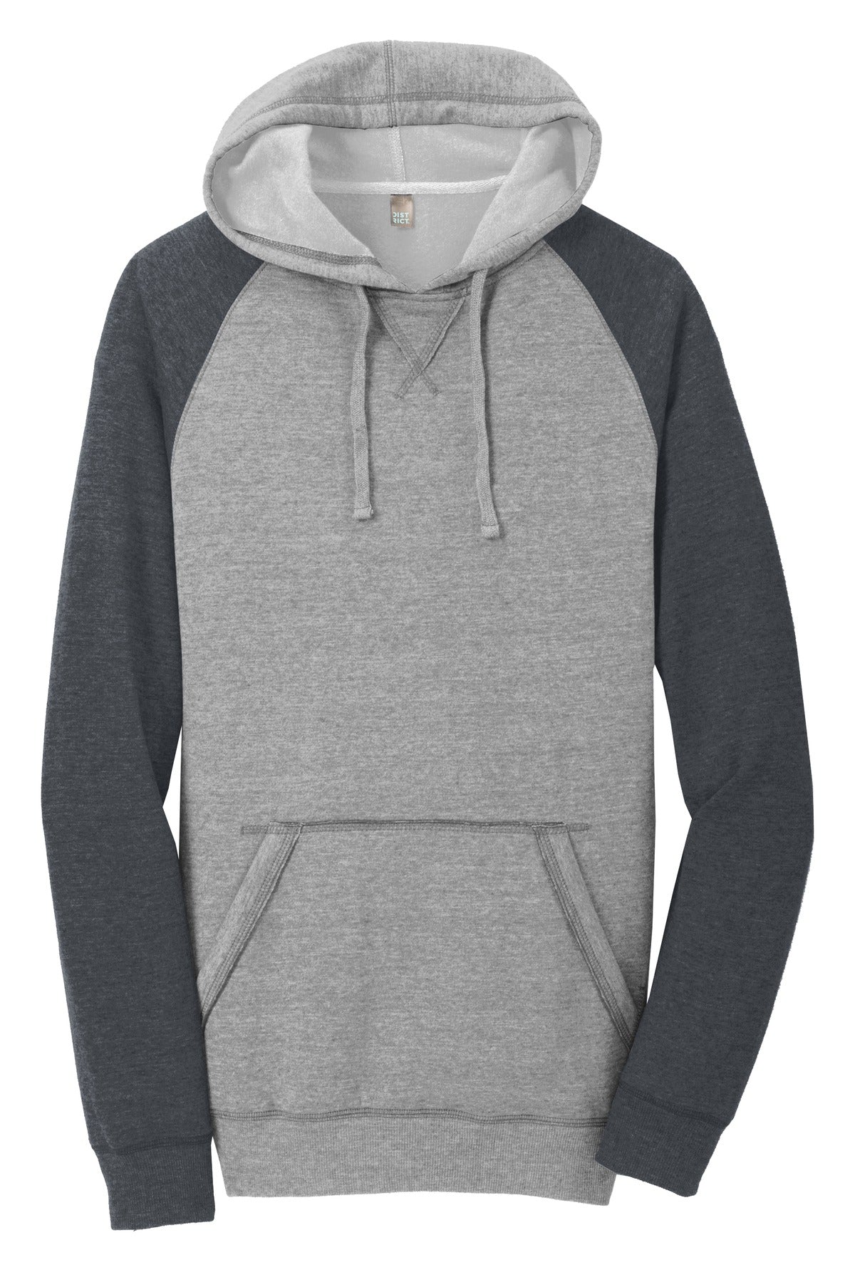 Front View of H Gry/H Char District Young Mens Lightweight Fleece Raglan Hoodie. DT196