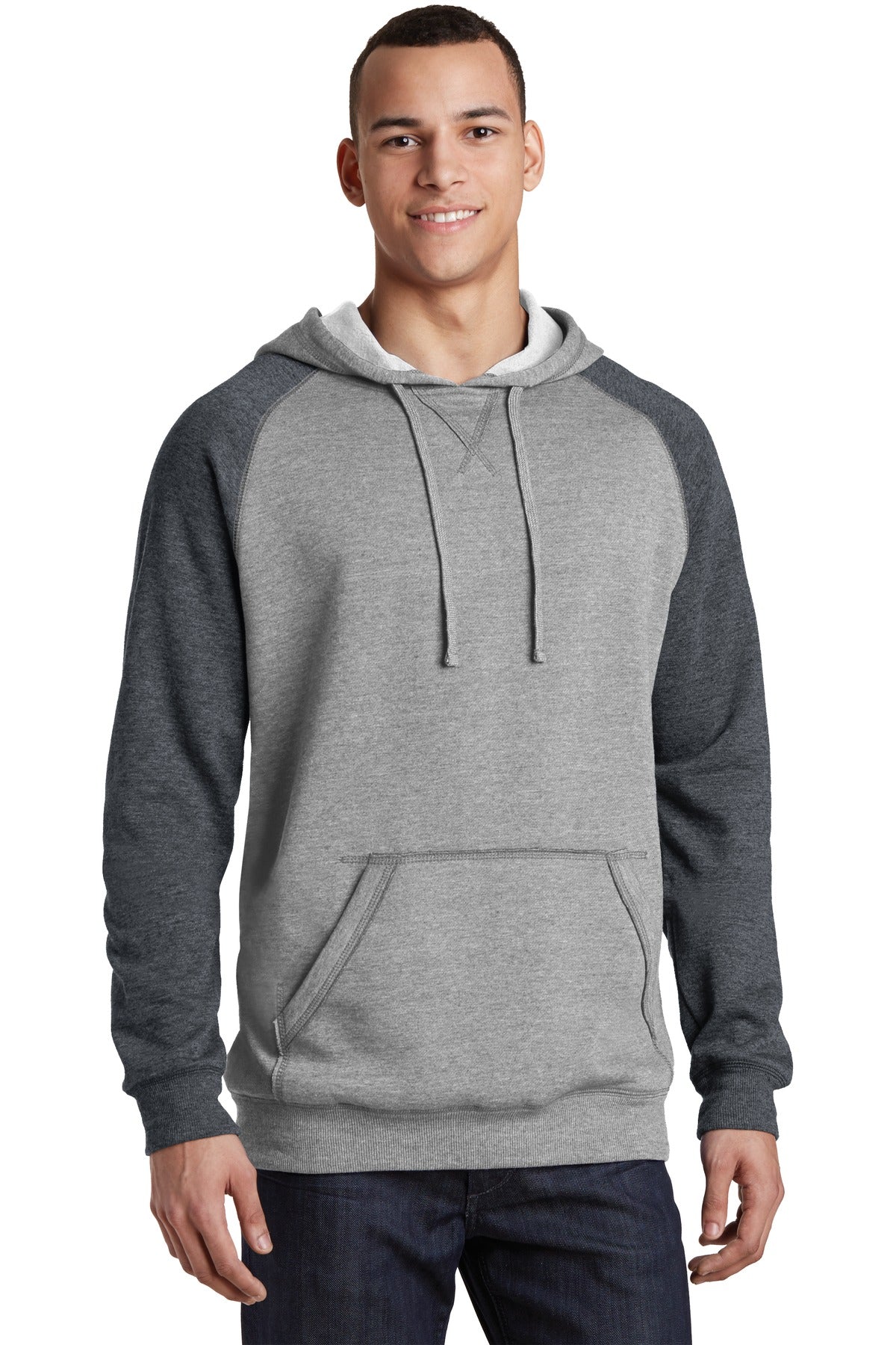 Front View of H Gry/H Char District Young Mens Lightweight Fleece Raglan Hoodie. DT196