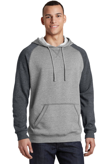 Front View of H Gry/H Char District Young Mens Lightweight Fleece Raglan Hoodie. DT196