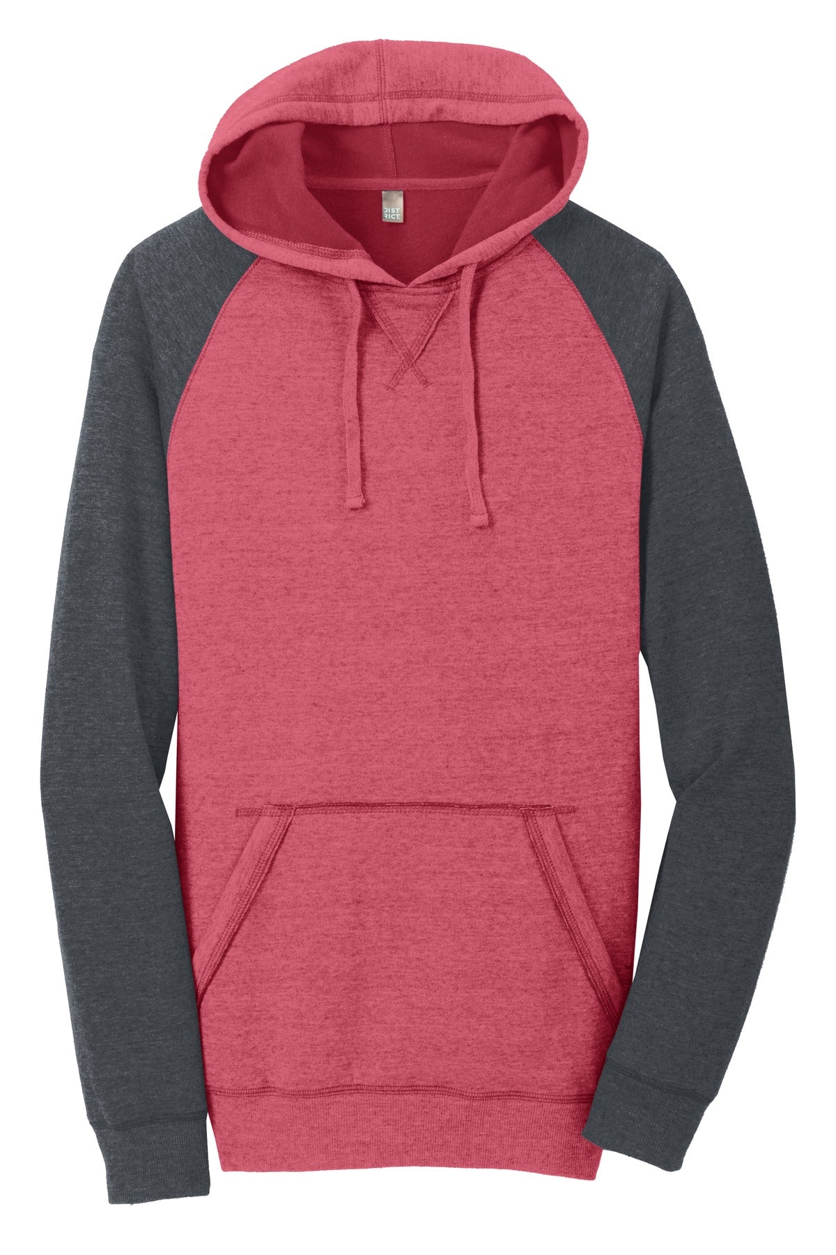 Front View of H Red/H Char District Young Mens Lightweight Fleece Raglan Hoodie. DT196