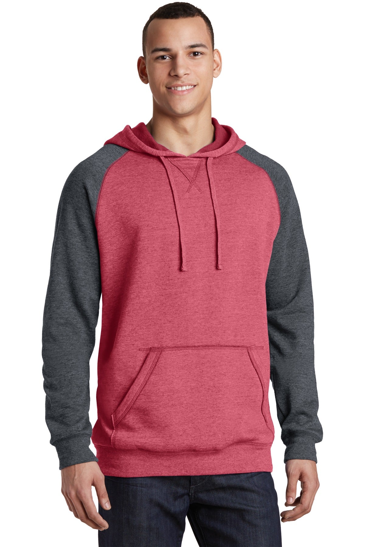 Front View of H Red/H Char District Young Mens Lightweight Fleece Raglan Hoodie. DT196
