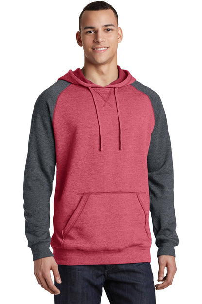 Front View of H Red/H Char District Young Mens Lightweight Fleece Raglan Hoodie. DT196
