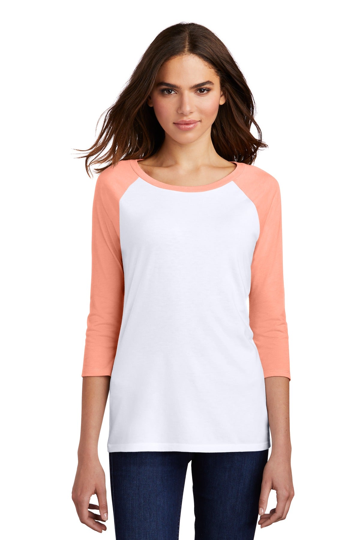 Front View of He Dsty Pch/Wh District Women's Perfect Tri 3/4-Sleeve Raglan. DM136L
