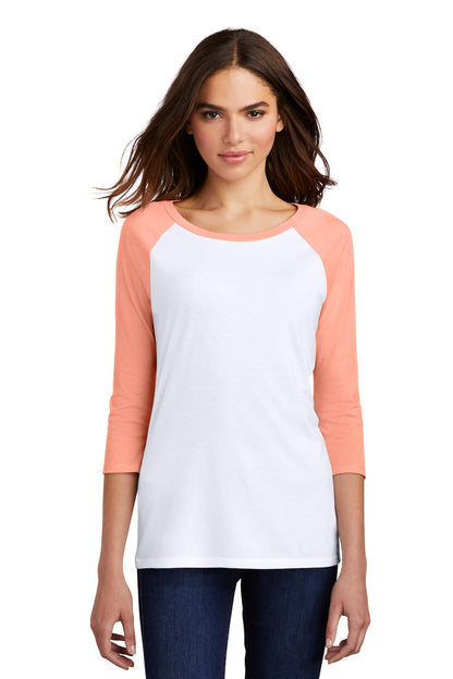 Front View of He Dsty Pch/Wh District Women's Perfect Tri 3/4-Sleeve Raglan. DM136L