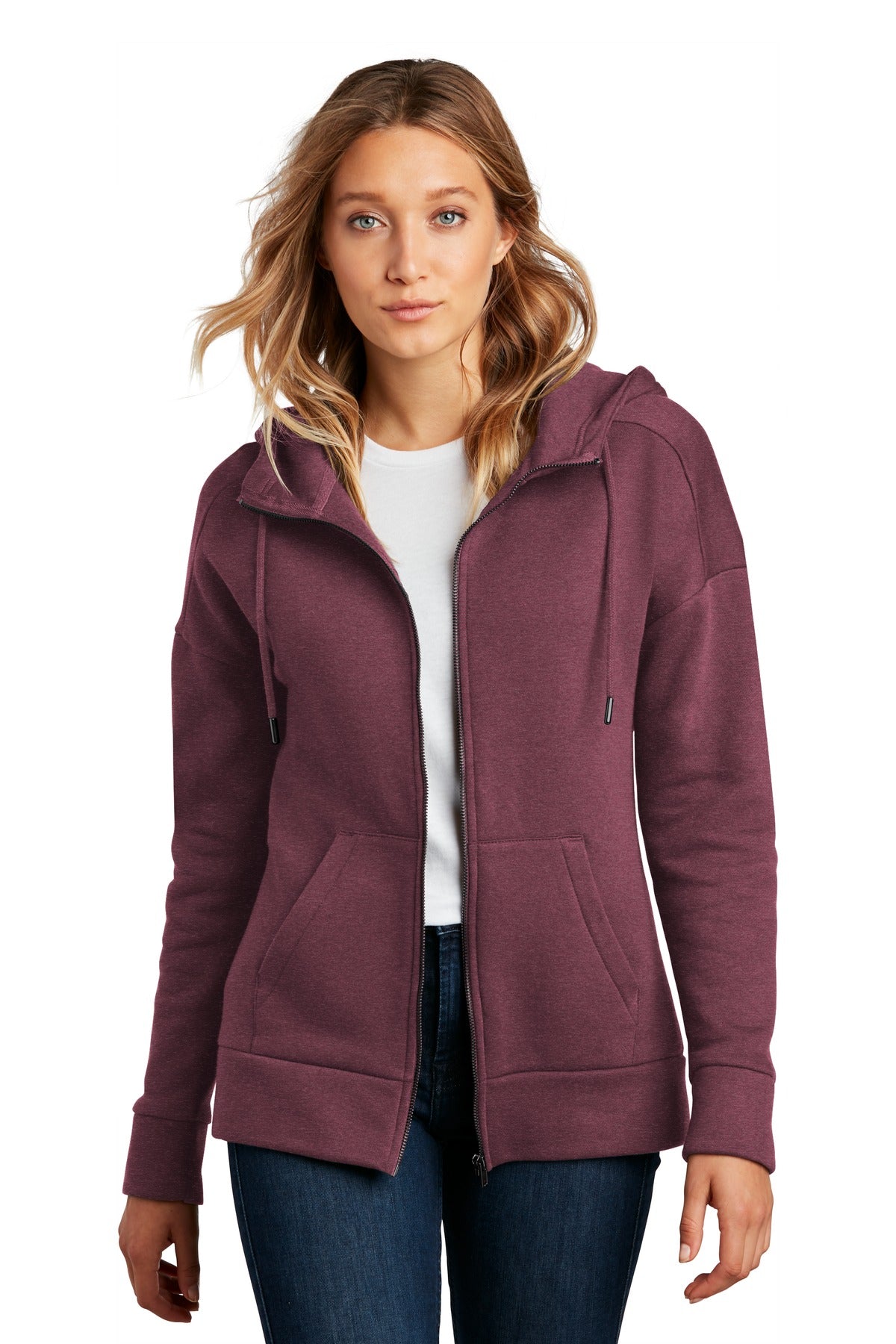 Front View of He Loganberry District Women's Perfect Weight Fleece Drop Shoulder Full-Zip Hoodie DT1104