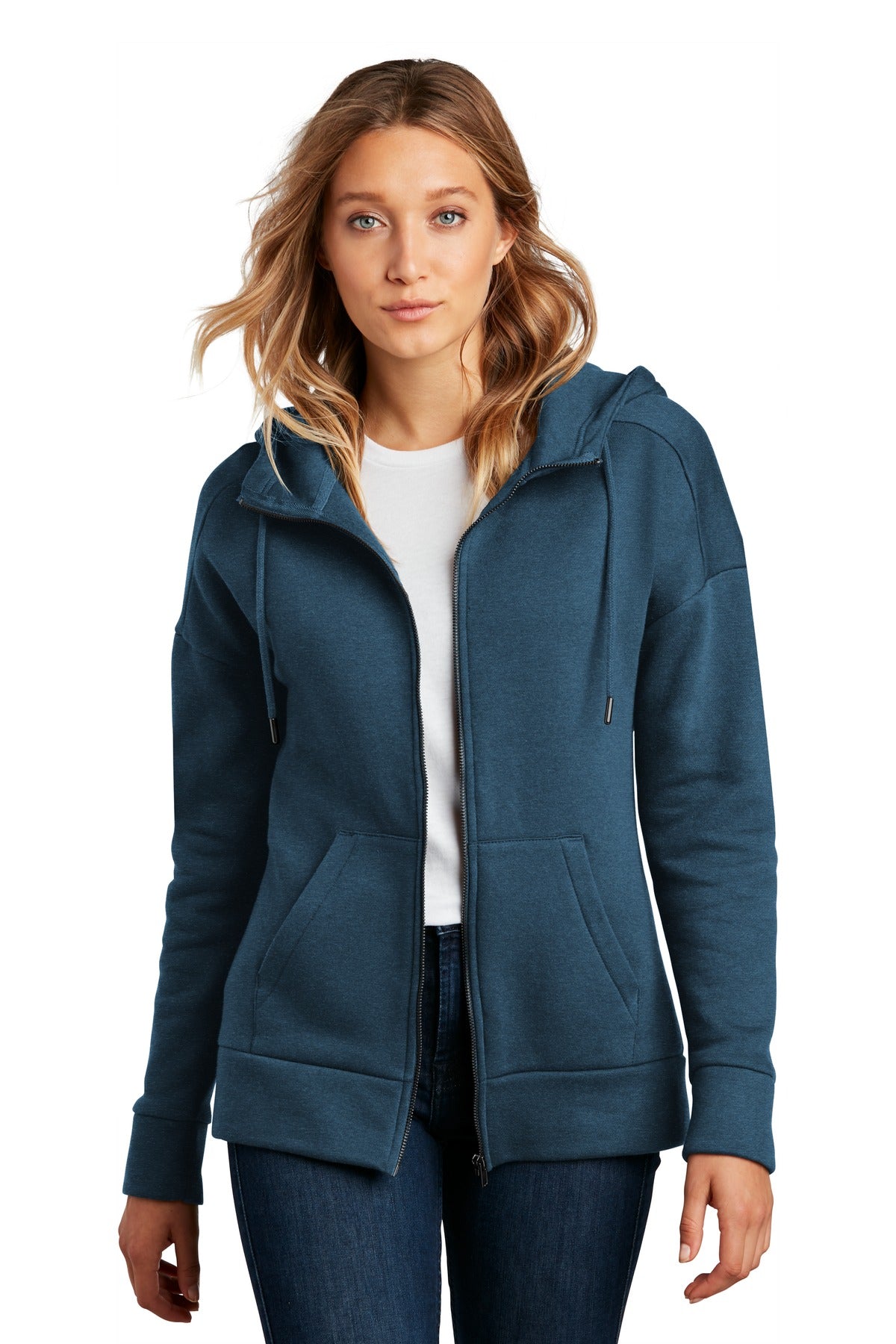 Front View of He Poseidon Bl District Women's Perfect Weight Fleece Drop Shoulder Full-Zip Hoodie DT1104