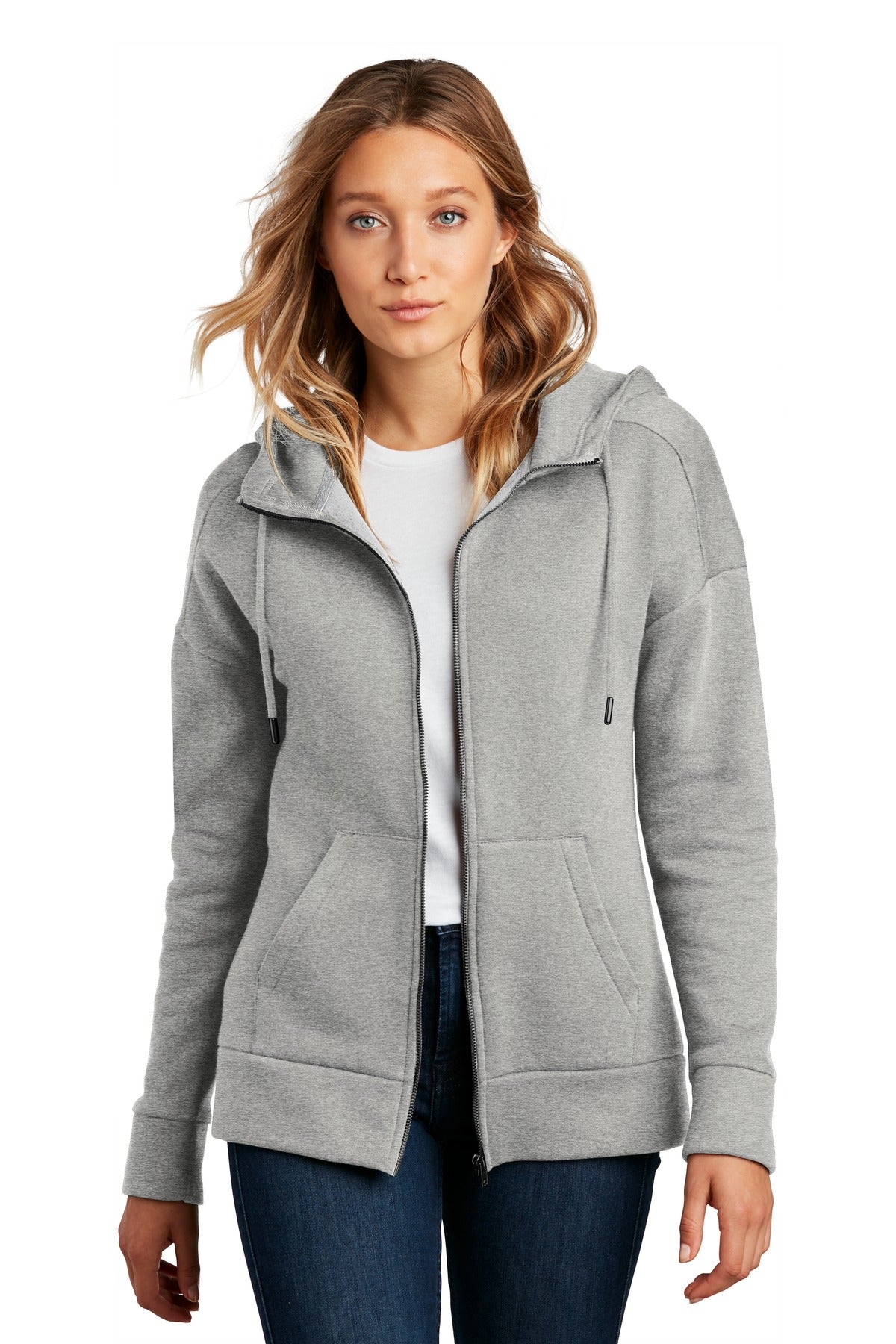 Front View of He Steel District Women's Perfect Weight Fleece Drop Shoulder Full-Zip Hoodie DT1104