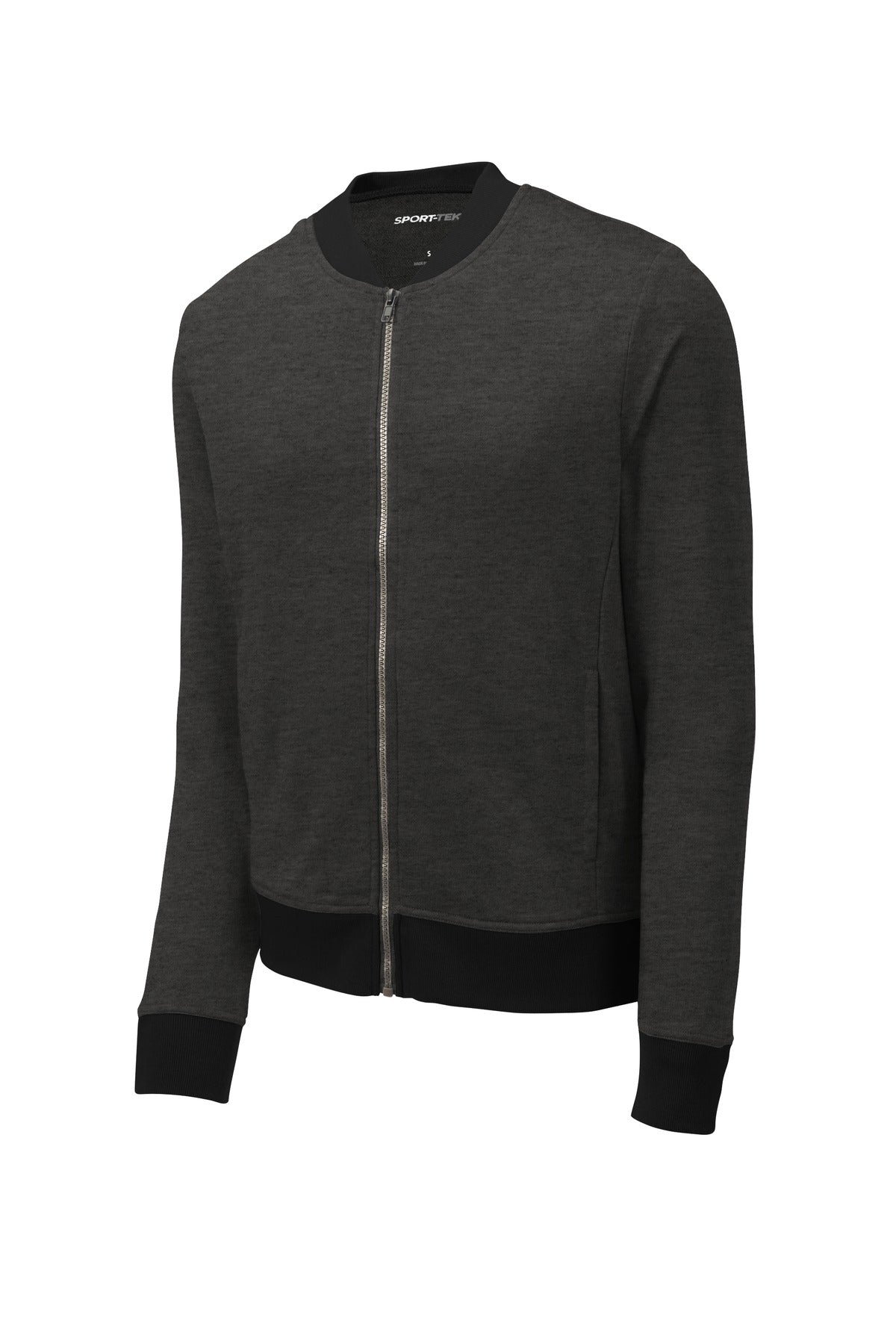 Front View of Heather Black Sport-Tek Lightweight French Terry Bomber. ST274