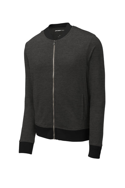Front View of Heather Black Sport-Tek Lightweight French Terry Bomber. ST274
