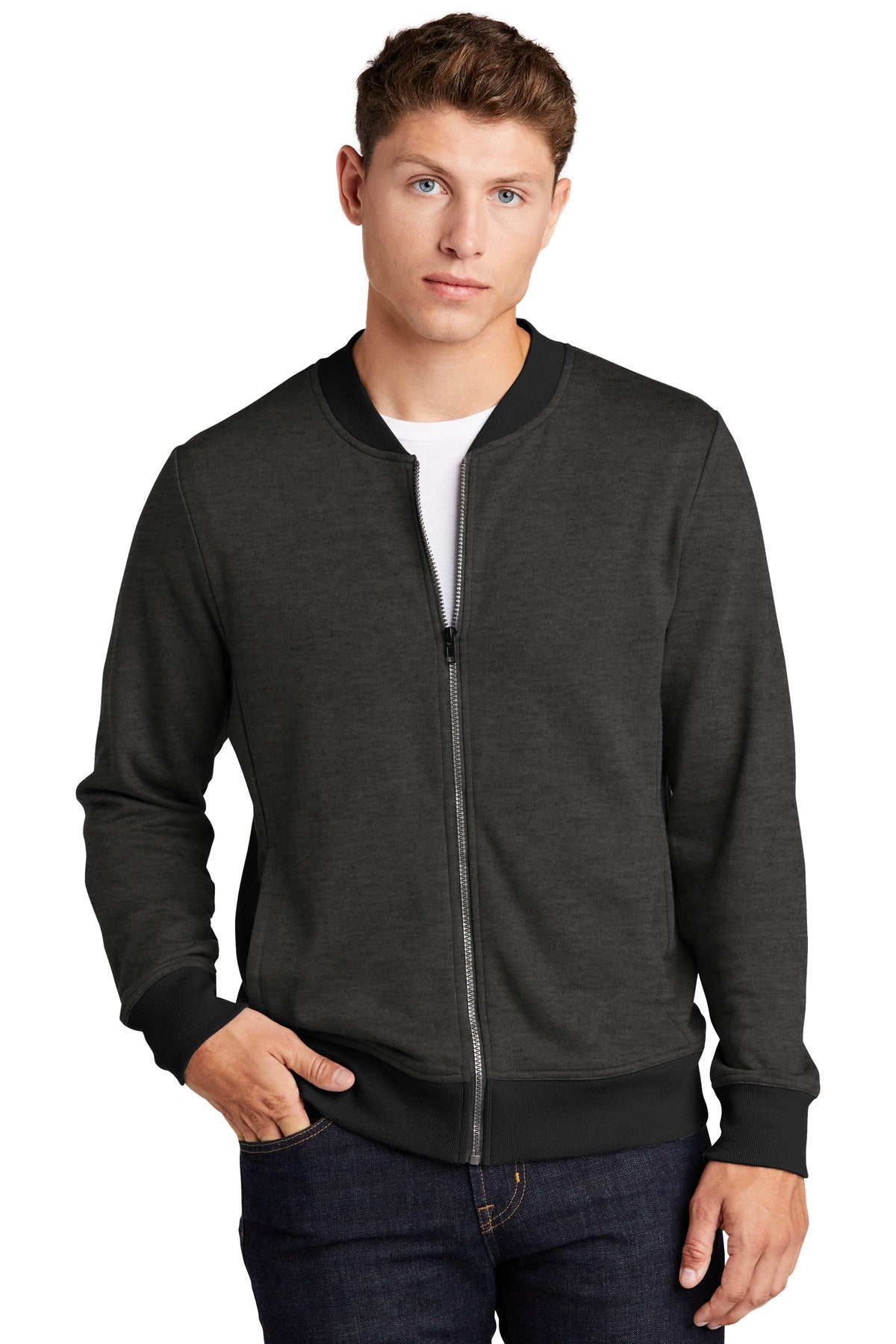 Front View of Heather Black Sport-Tek Lightweight French Terry Bomber. ST274