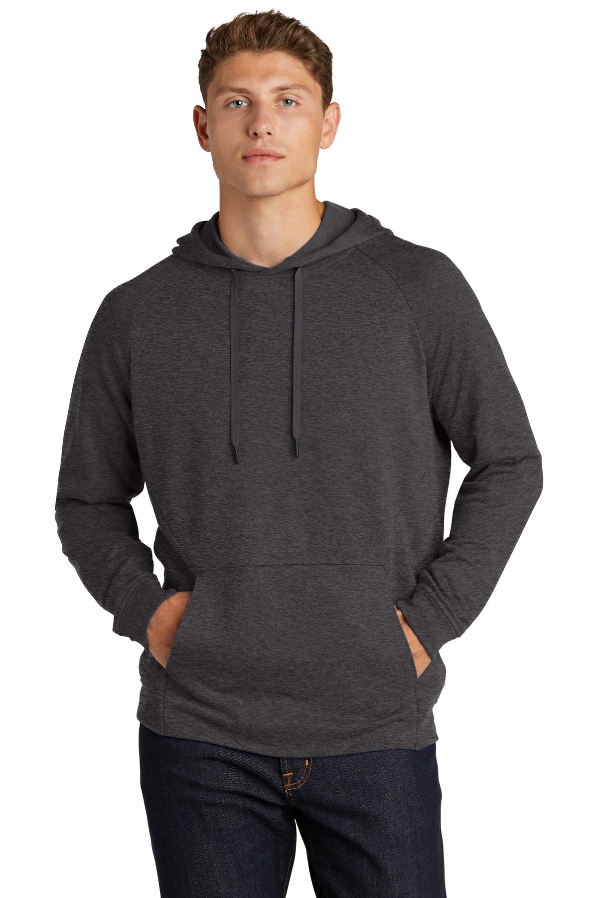 Front View of Heather Black Sport-Tek Lightweight French Terry Pullover Hoodie. ST272