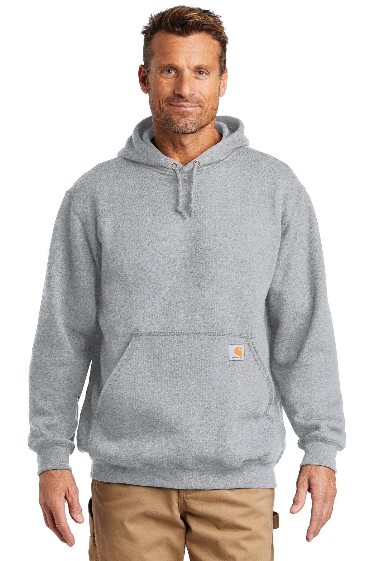 Front View of Heather Grey Carhartt Midweight Hooded Sweatshirt. CTK121