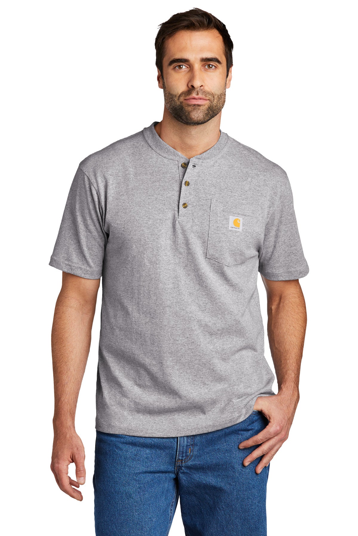 Front View of Heather Grey Carhartt Short Sleeve Henley T-Shirt CTK84