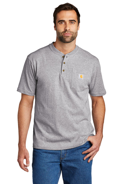 Front View of Heather Grey Carhartt Short Sleeve Henley T-Shirt CTK84