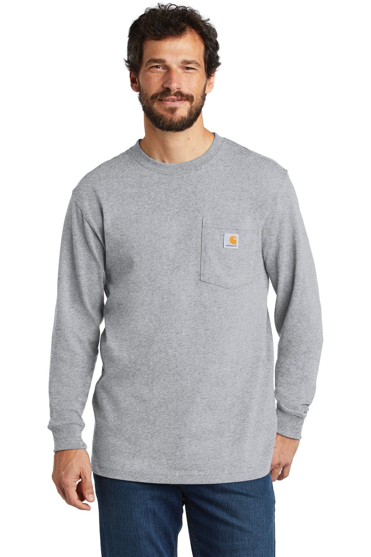 Front View of Heather Grey Carhartt Workwear Pocket Long Sleeve T-Shirt. CTK126