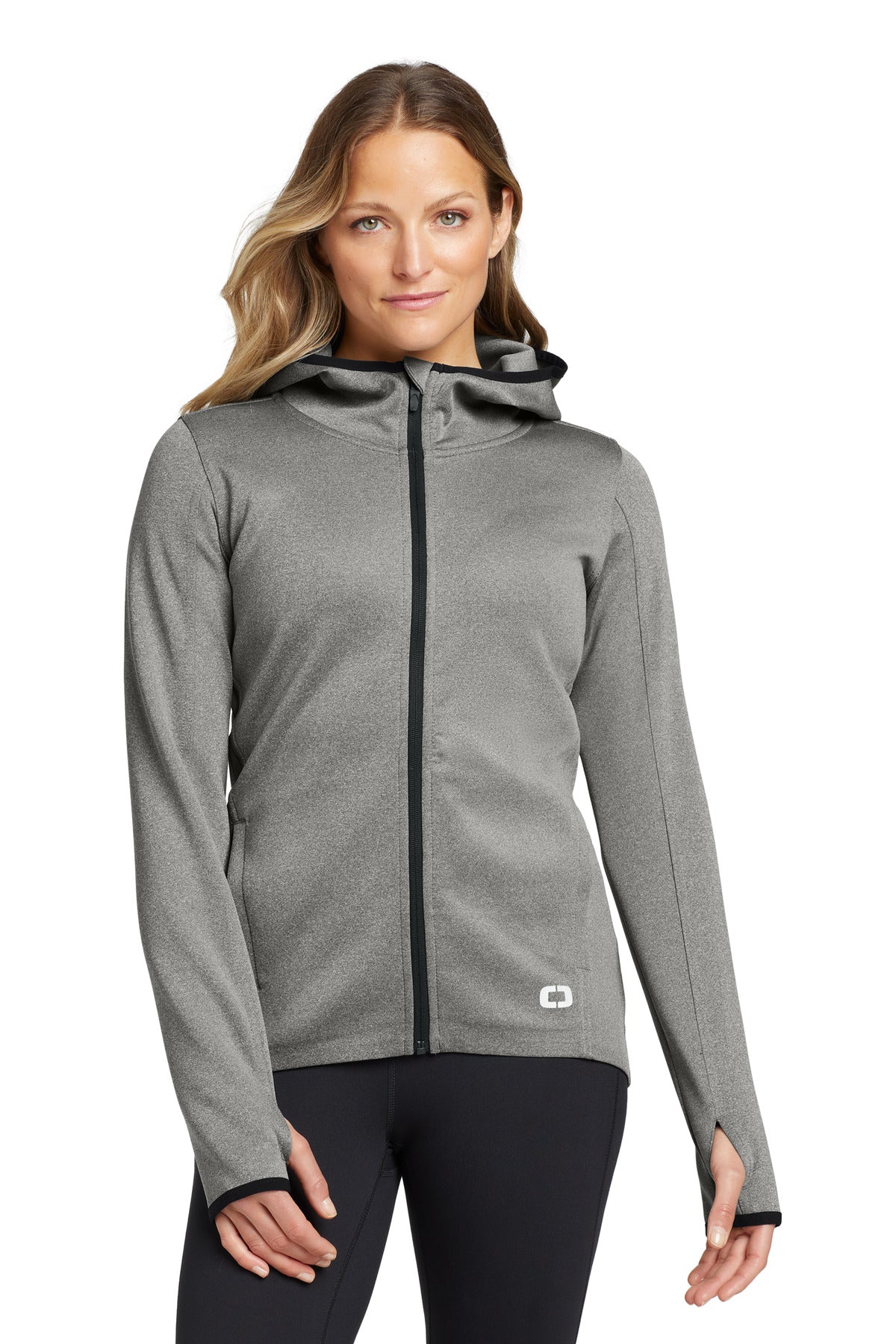 Front View of Heather Grey OGIO Women's Stealth Full-Zip Jacket. LOE728