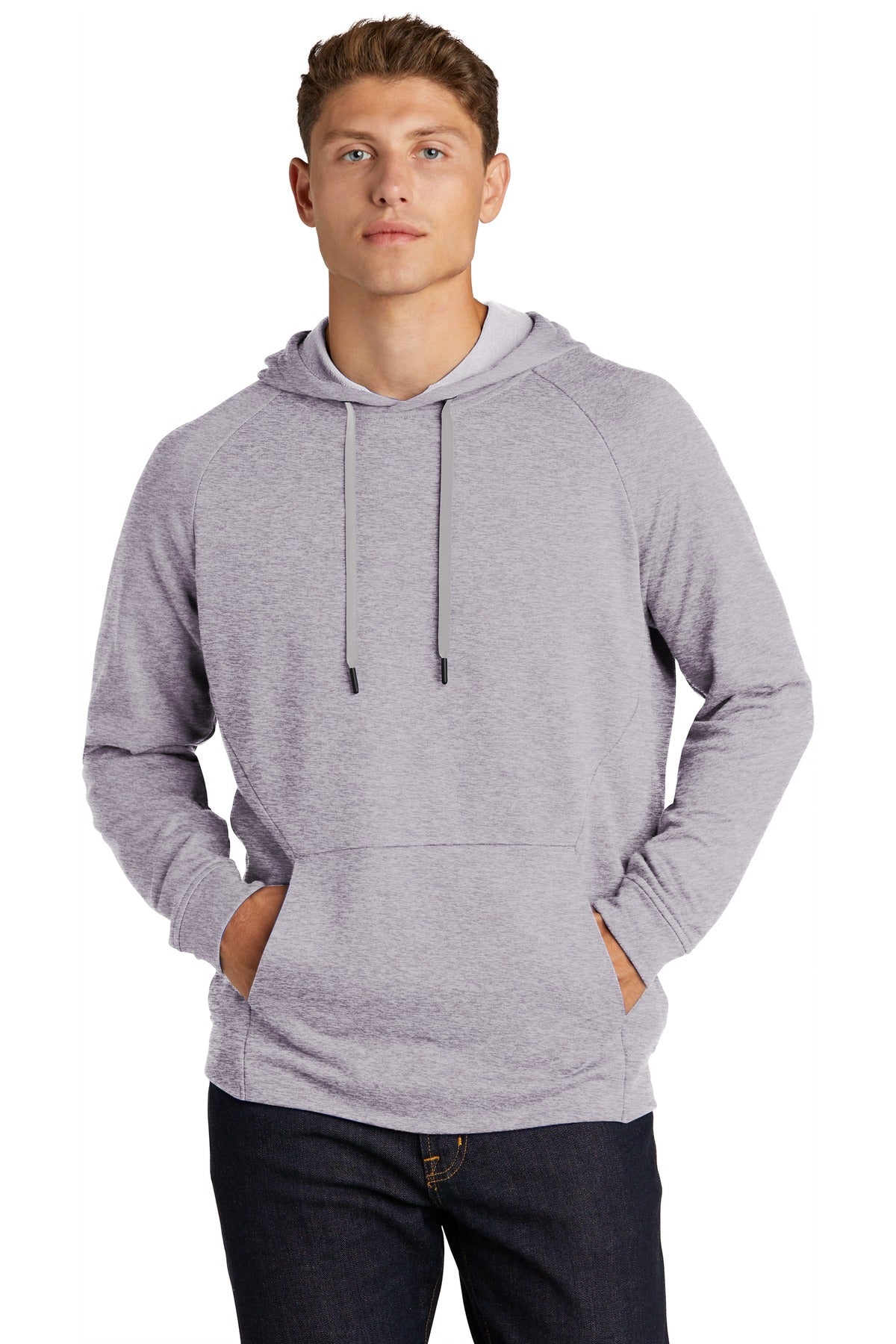 Front View of Heather Grey Sport-Tek Lightweight French Terry Pullover Hoodie. ST272