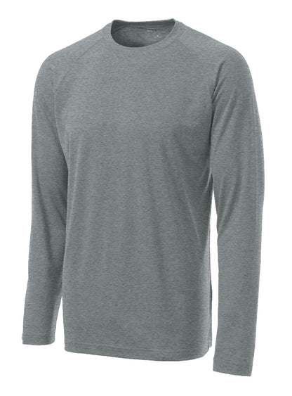 Front View of Heather Grey Sport-Tek Long Sleeve Ultimate Performance Crew. ST700LS