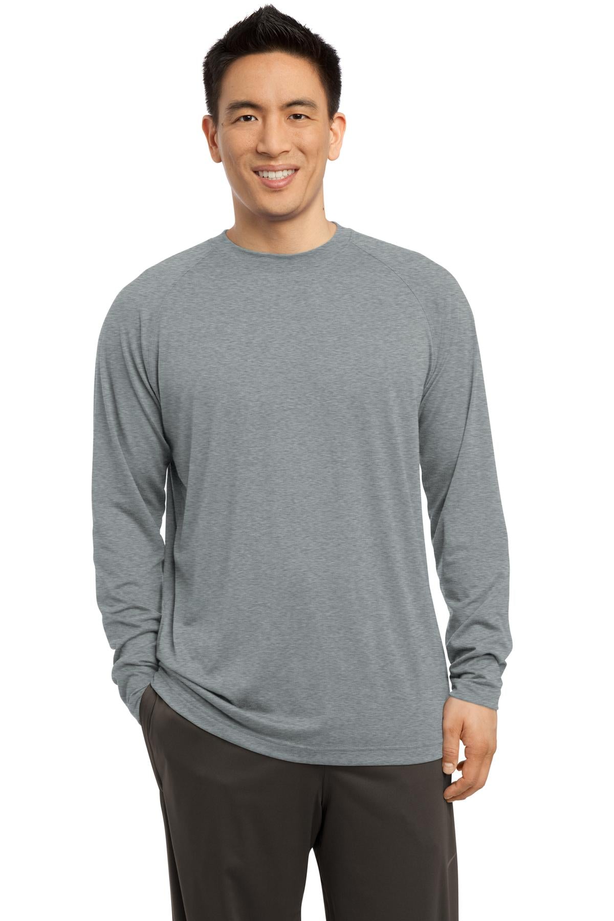 Front View of Heather Grey Sport-Tek Long Sleeve Ultimate Performance Crew. ST700LS