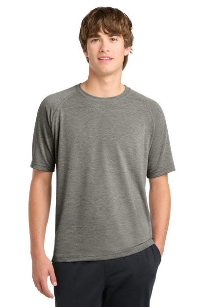 Front View of Heather Grey Sport-Tek Ultimate Performance Crew. ST700