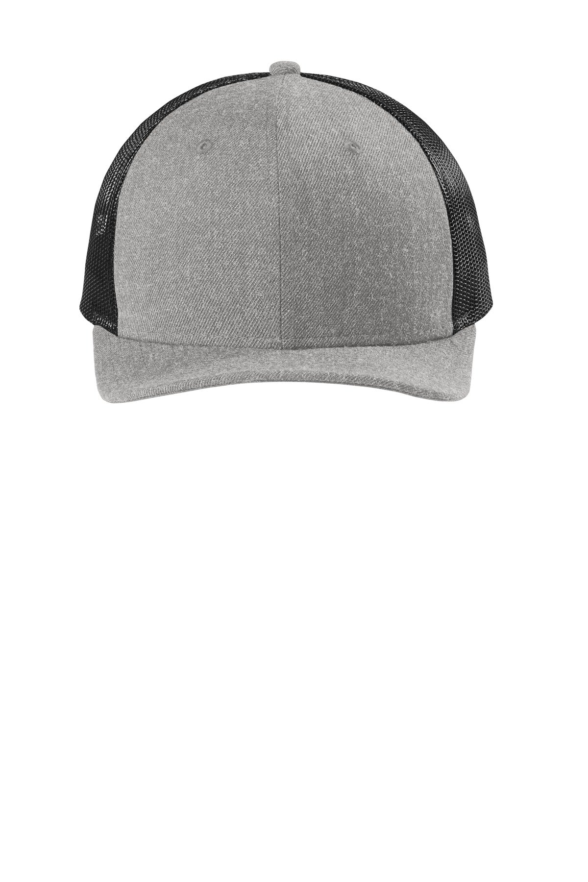 Front View of Heather Gry/Bk New Era Snapback Low Profile Trucker Cap NE207