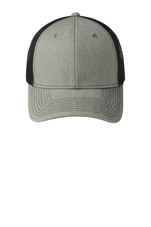 Front View of Heather Gry/Bk Port Authority Snapback Trucker Cap. C112