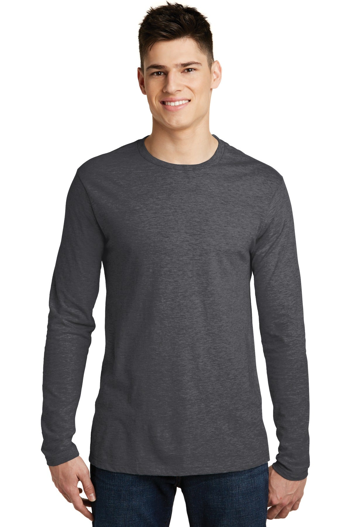 Front View of Heathered Char District Very Important Tee Long Sleeve. DT6200
