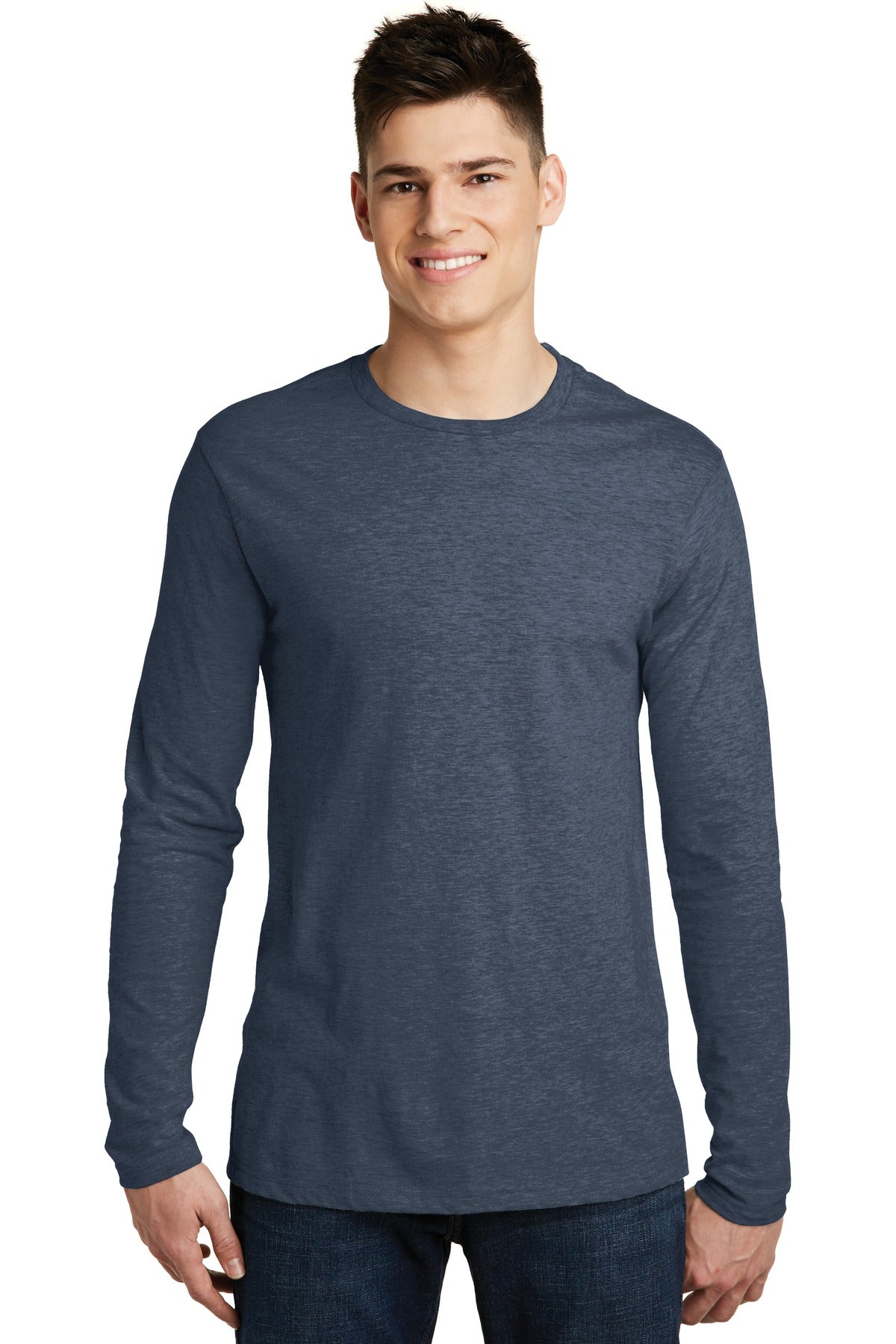 Front View of Heathered Navy District Very Important Tee Long Sleeve. DT6200