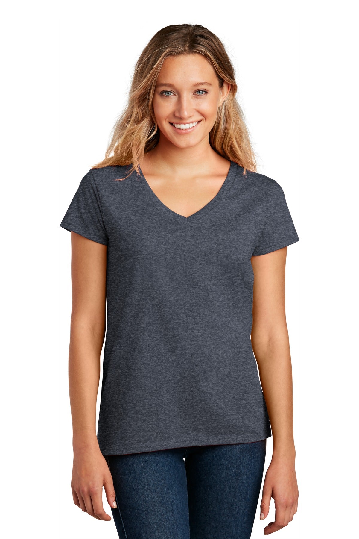 Front View of Heathered Navy District Women's Re-Tee V-Neck DT8001