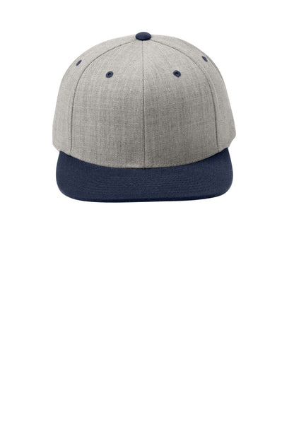 Front View of Heather/Tr Nvy Sport-Tek YP Classics Flat Bill Snapback Cap. STC19