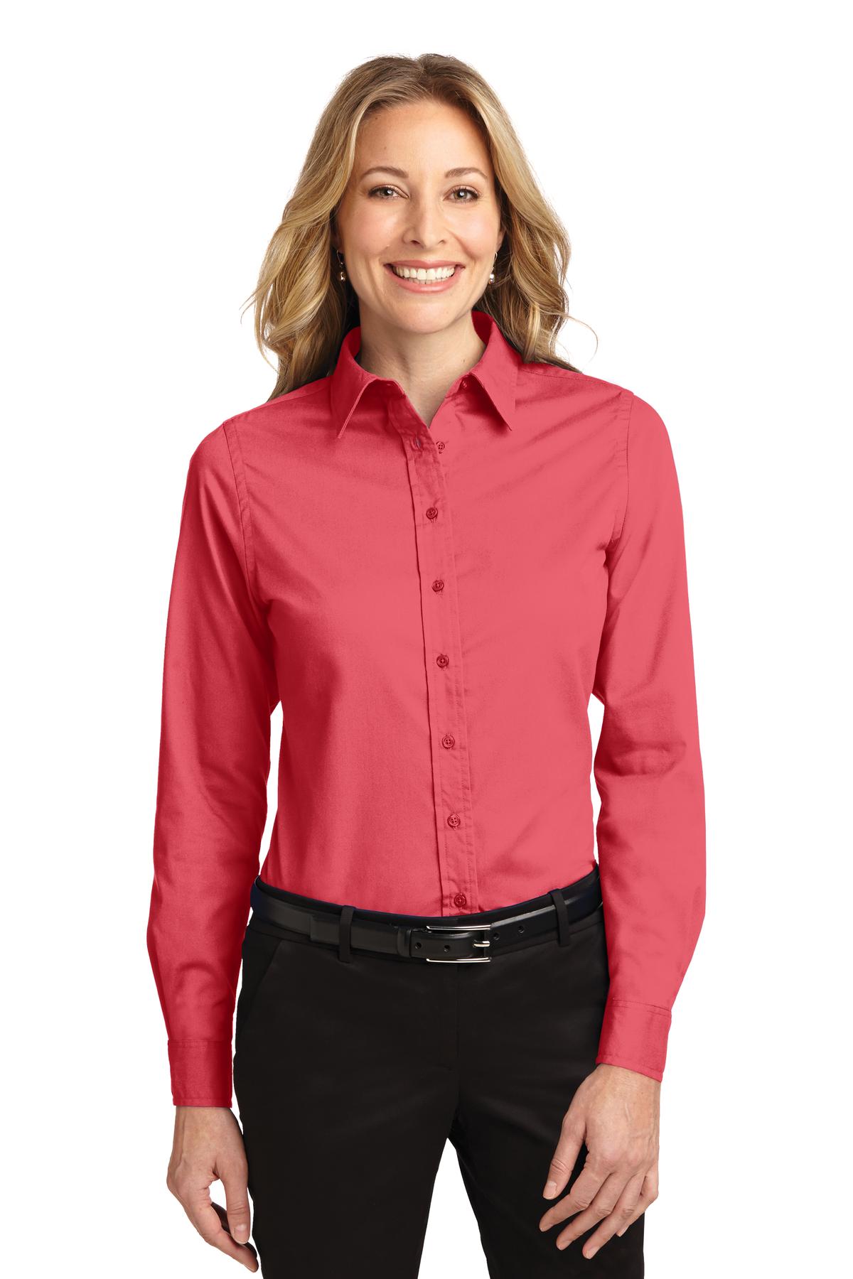 Front View of Hibiscus Port Authority Women's Long Sleeve Easy Care Shirt. L608