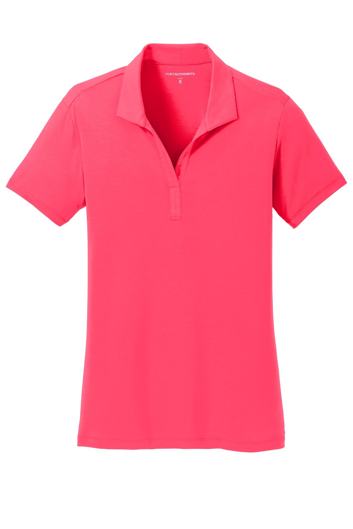 Front View of Hot Coral Port Authority Women's Cotton Touch Performance Polo. L568