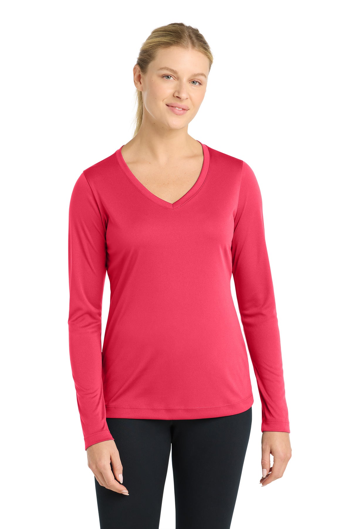 Front View of Hot Coral Sport-Tek Women's Long Sleeve PosiCharge Competitor V-Neck Tee. LST353LS