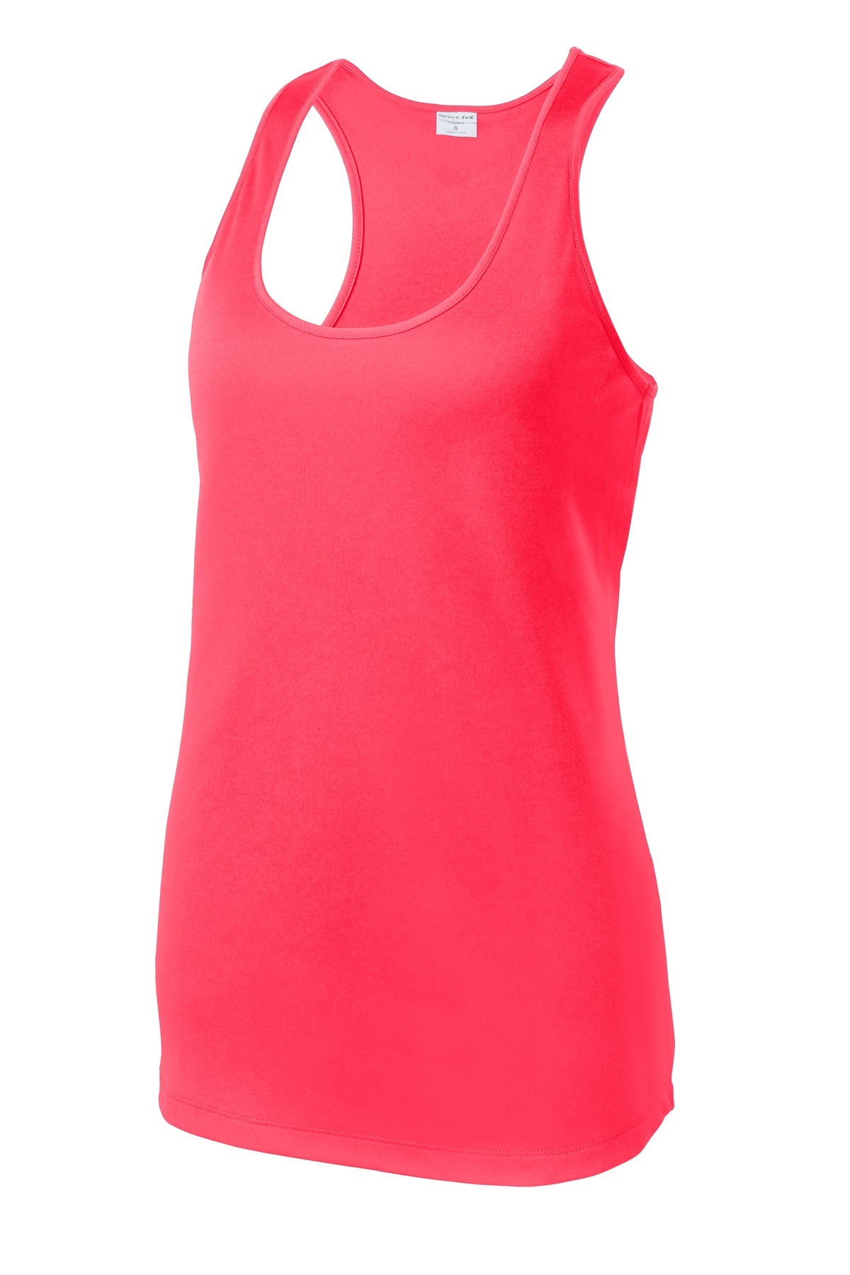 Front View of Hot Coral Sport-Tek Women's PosiCharge Competitor Racerback Tank. LST356