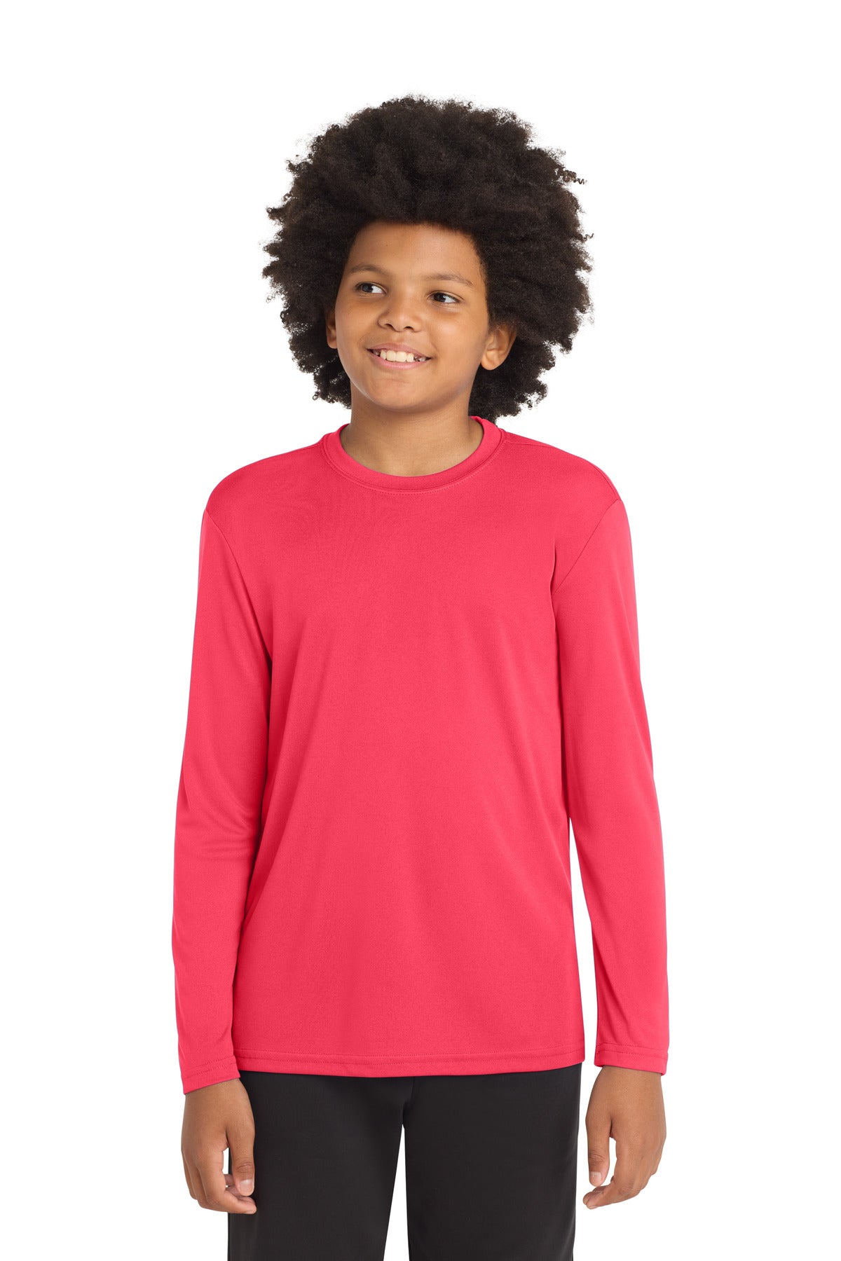Front View of Hot Coral Sport-Tek Youth Long Sleeve PosiCharge Competitor Tee. YST350LS