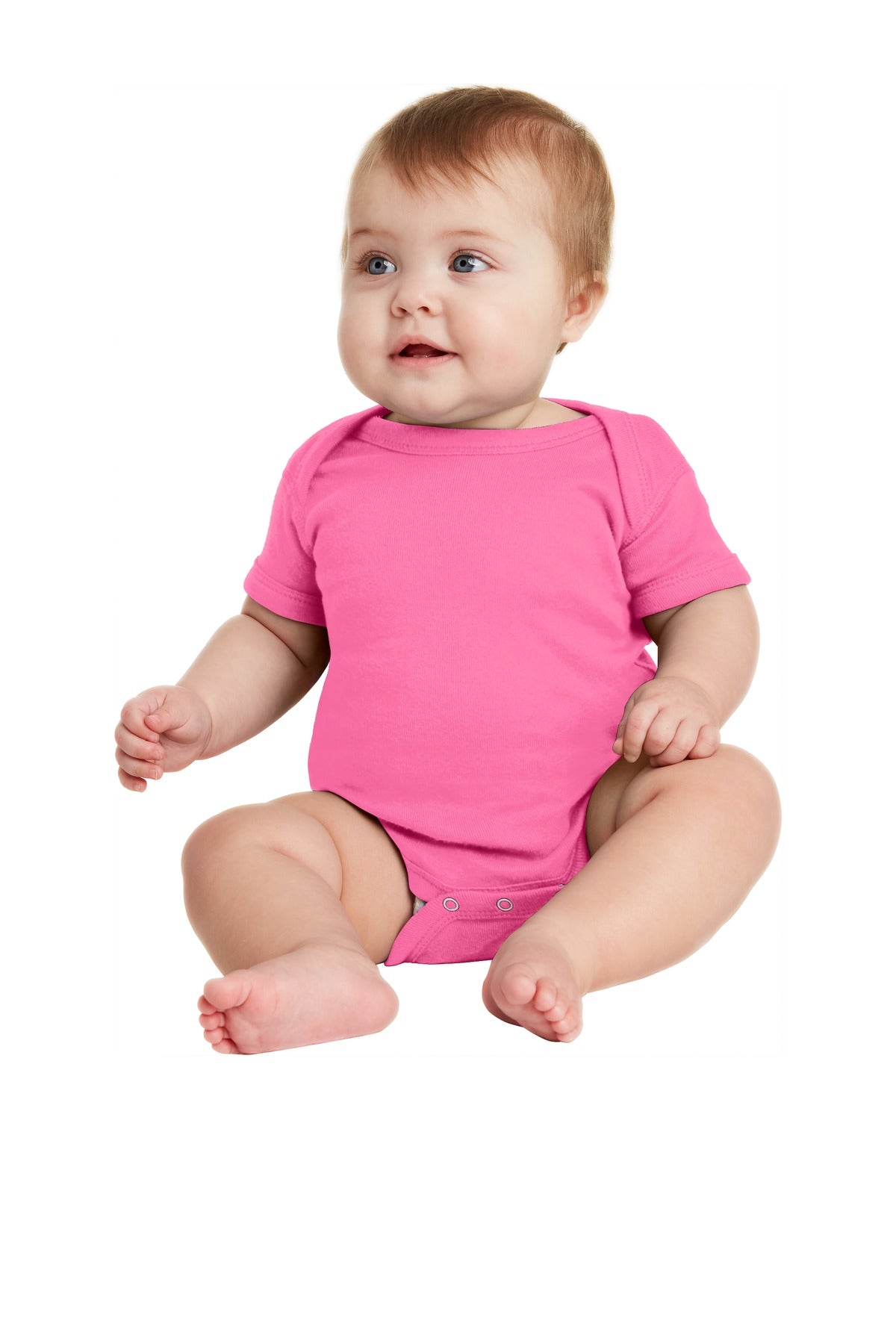 Front View of Hot Pink Rabbit Skins Infant Short Sleeve Baby Rib Bodysuit. RS4400