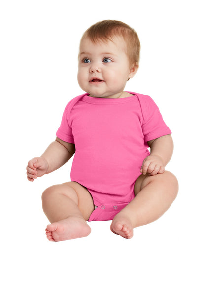 Front View of Hot Pink Rabbit Skins Infant Short Sleeve Baby Rib Bodysuit. RS4400