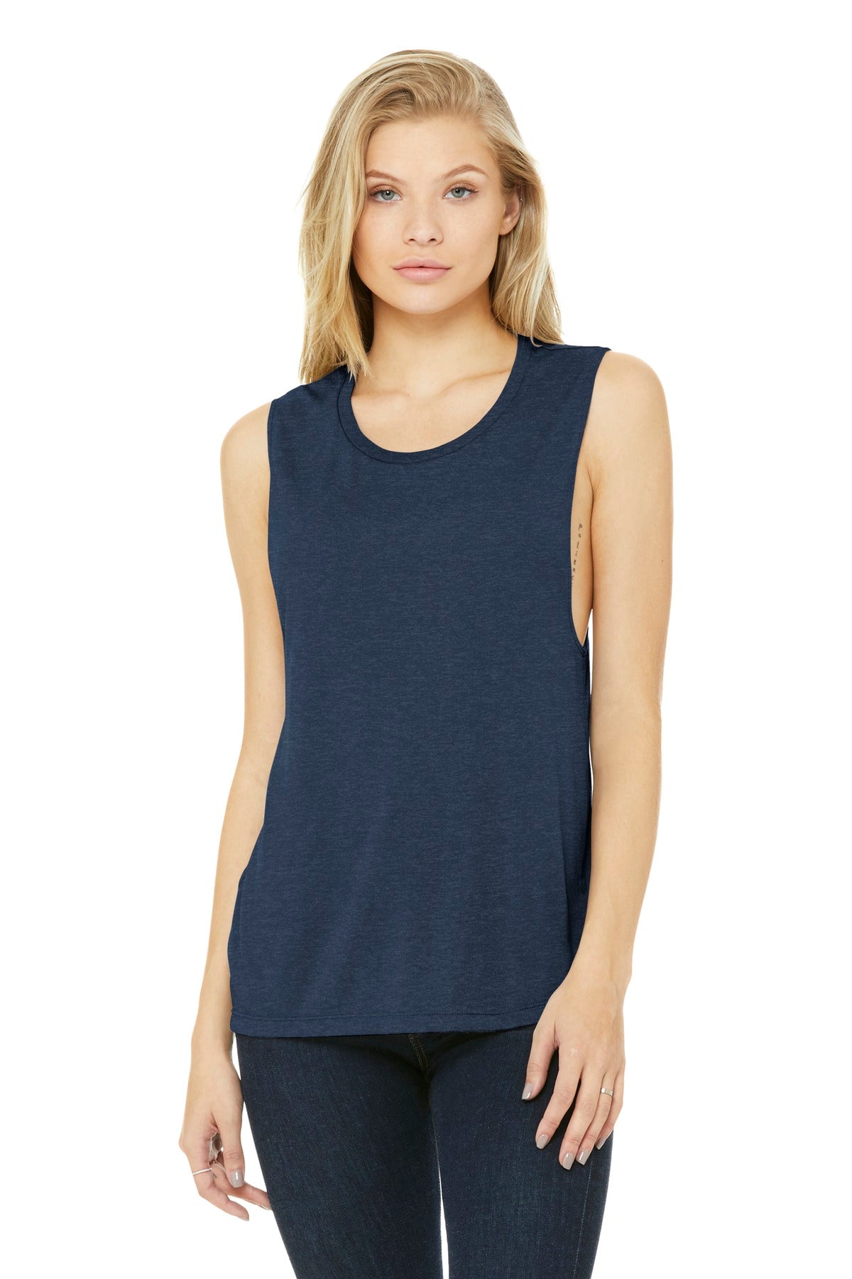 Front View of Ht Navy BELLA+CANVAS Women's Flowy Scoop Muscle Tank. BC8803