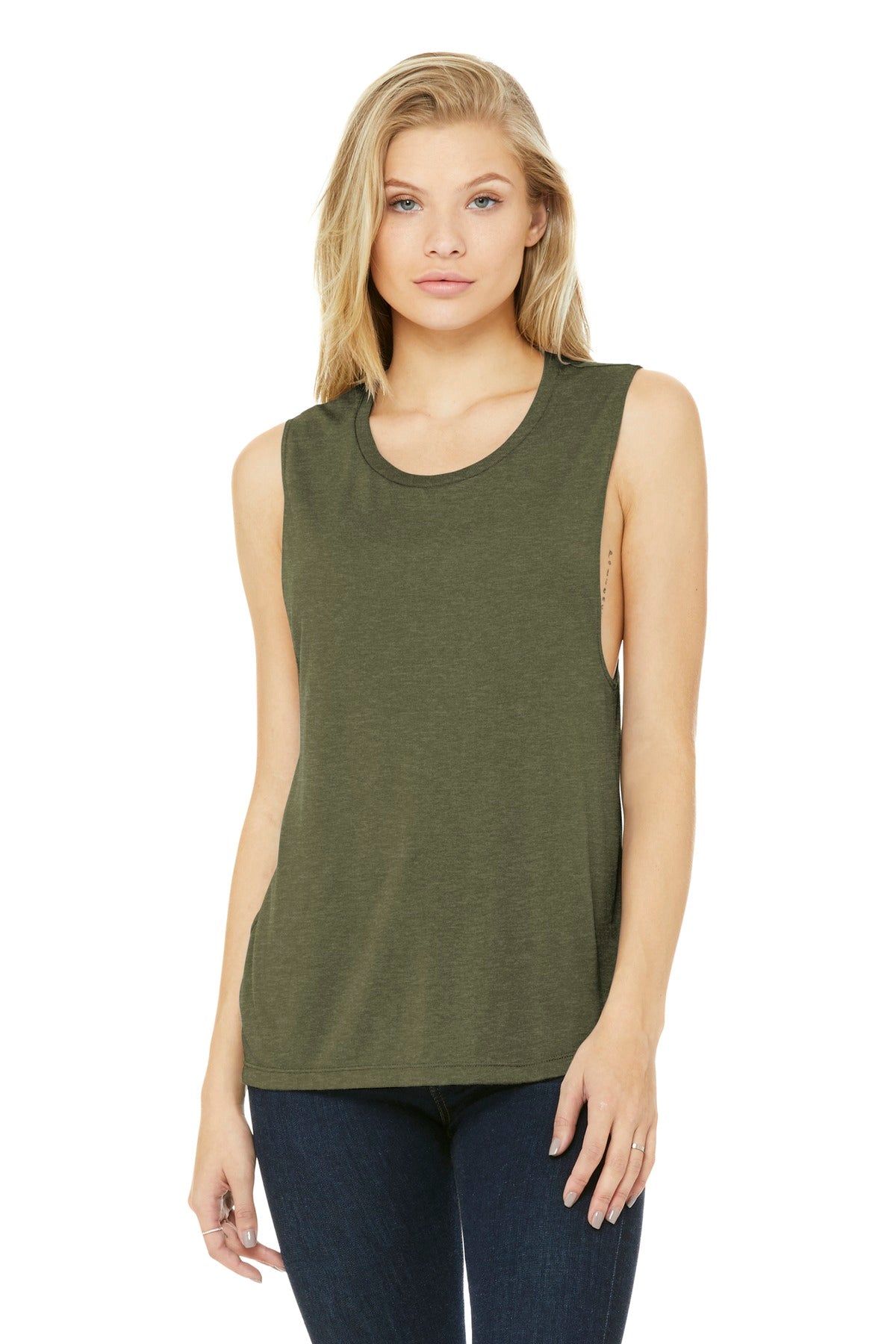 Front View of Ht Olive BELLA+CANVAS Women's Flowy Scoop Muscle Tank. BC8803