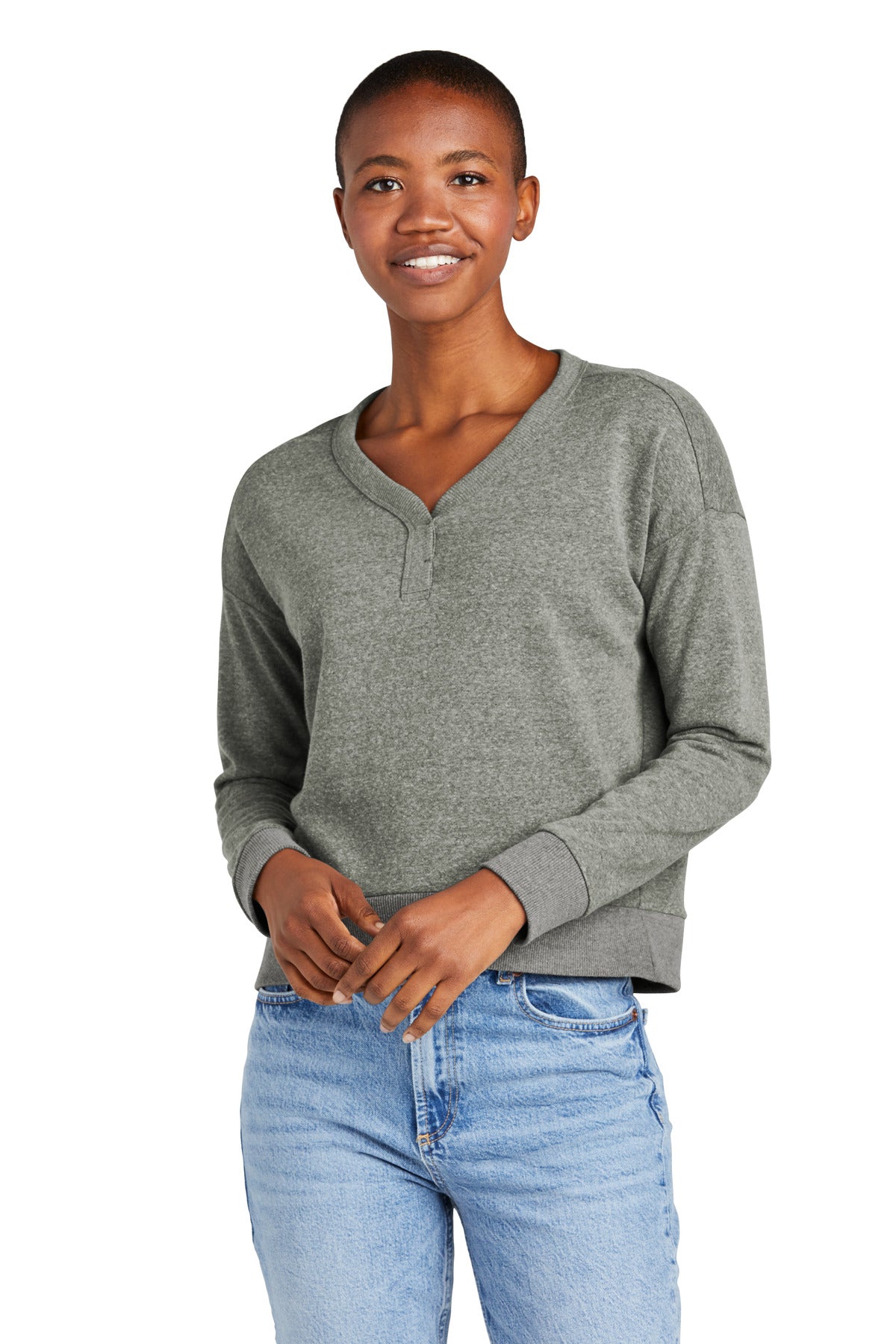 Front View of HtdChar District Women's Perfect Tri Fleece V-Neck Sweatshirt DT1312
