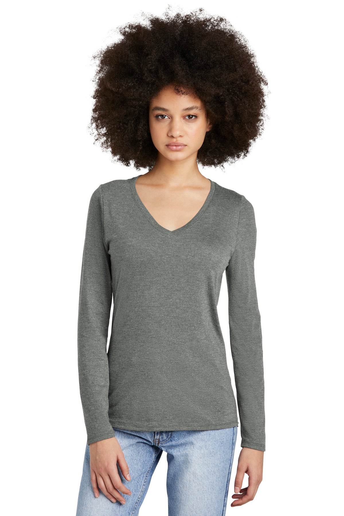 Front View of HtdChar District Women's Perfect Tri Long Sleeve V-Neck Tee DT135