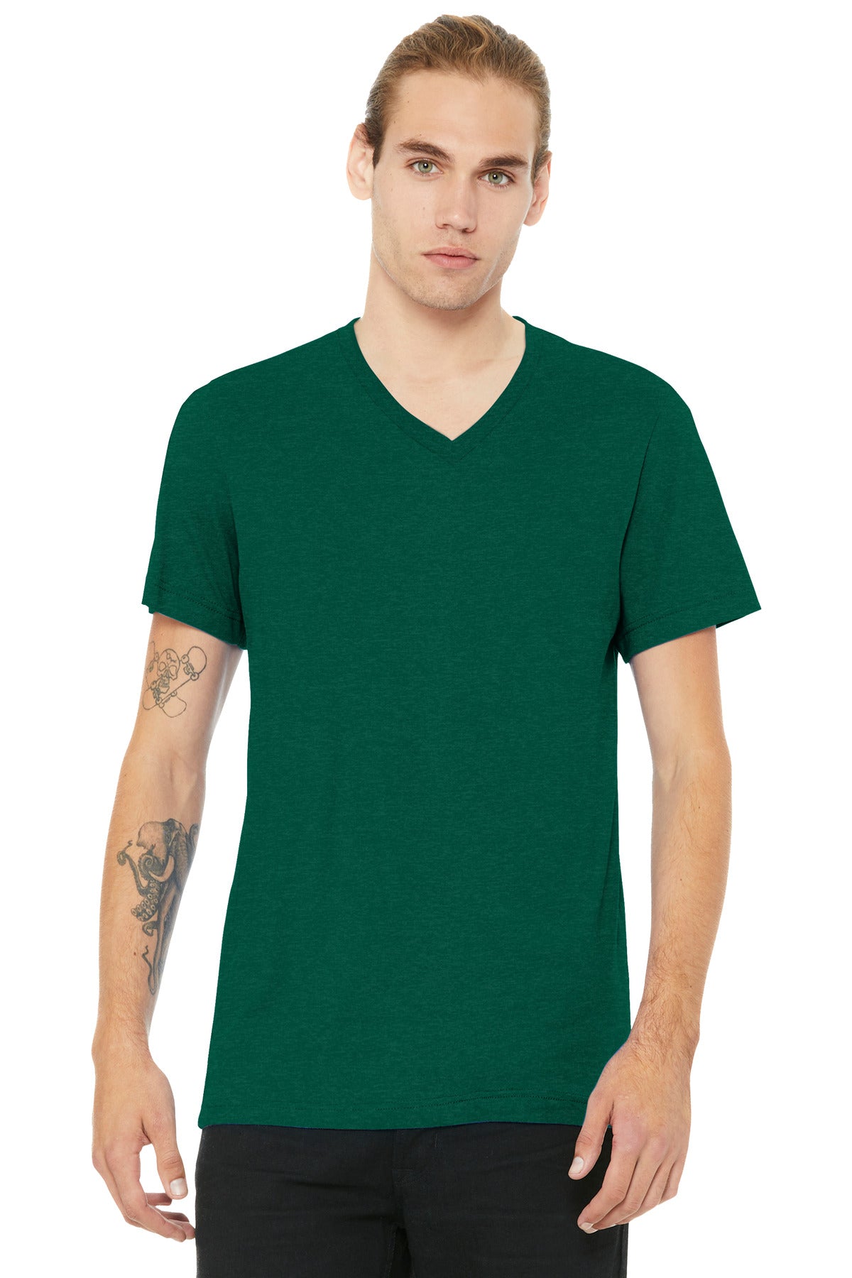 Front View of HtGrassGrn BELLA+CANVAS Unisex Heather CVC V-Neck Tee BC3005CVC