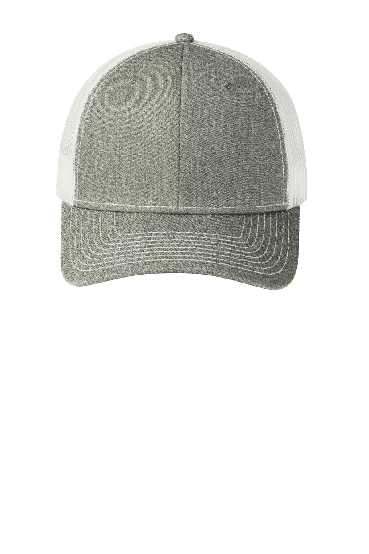 Front View of Hthr Gry/White Port Authority Snapback Trucker Cap. C112