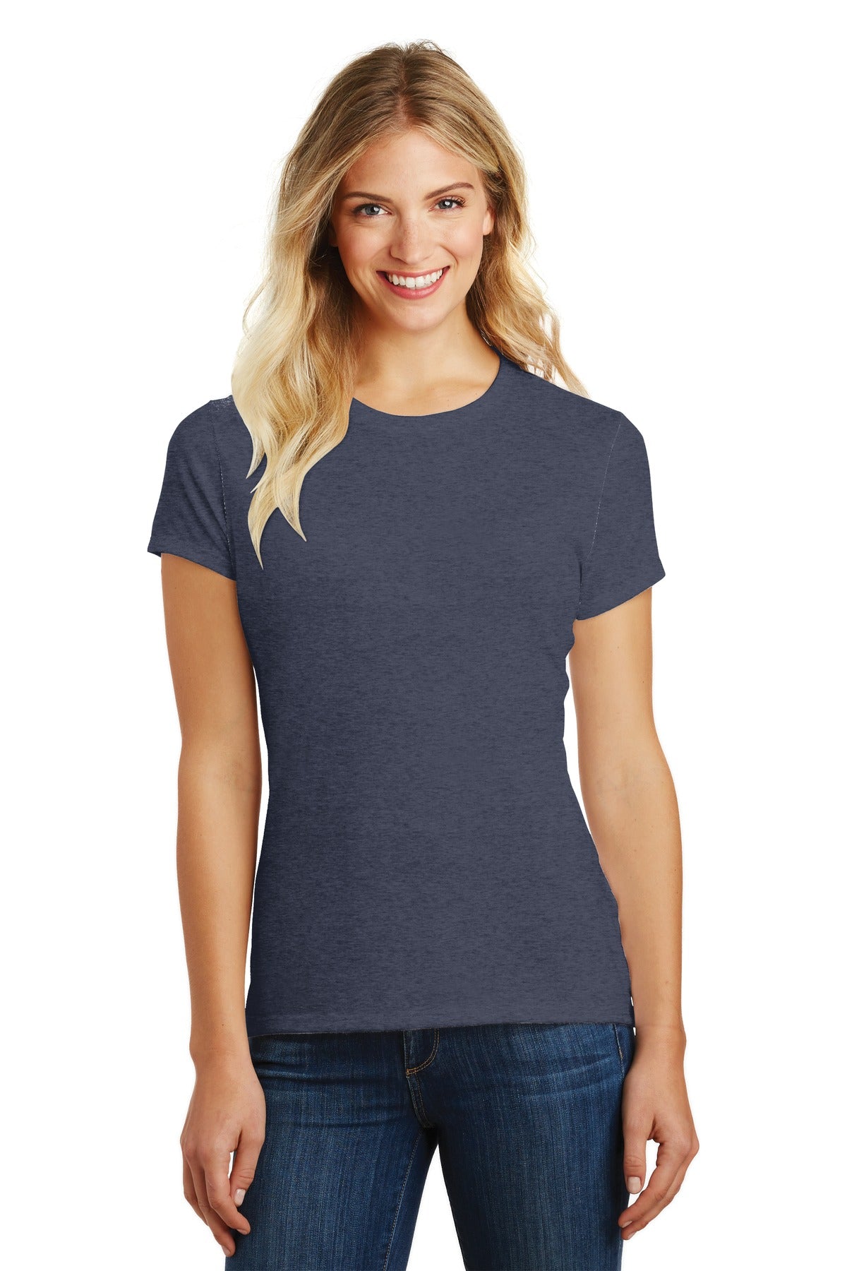 Front View of Hthr Navy District Women's Perfect Blend CVC Tee. DM108L