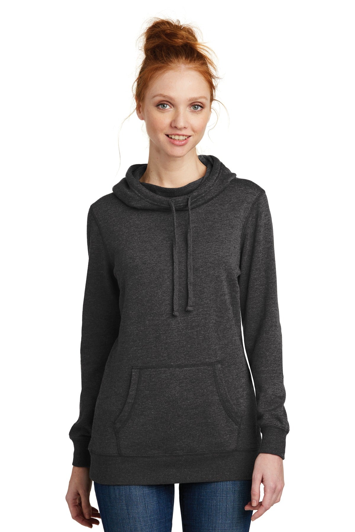 Front View of Hthrd Black District Women's Lightweight Fleece Hoodie. DM493