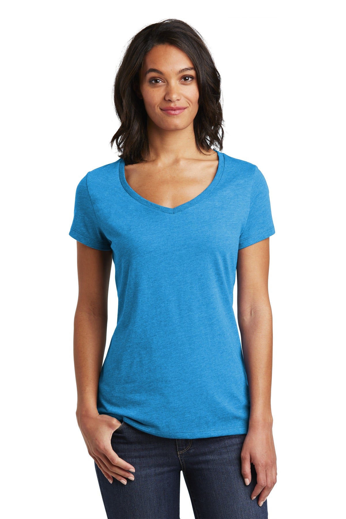 Front View of Hthrd Brt Turq District Women's Very Important Tee V-Neck. DT6503