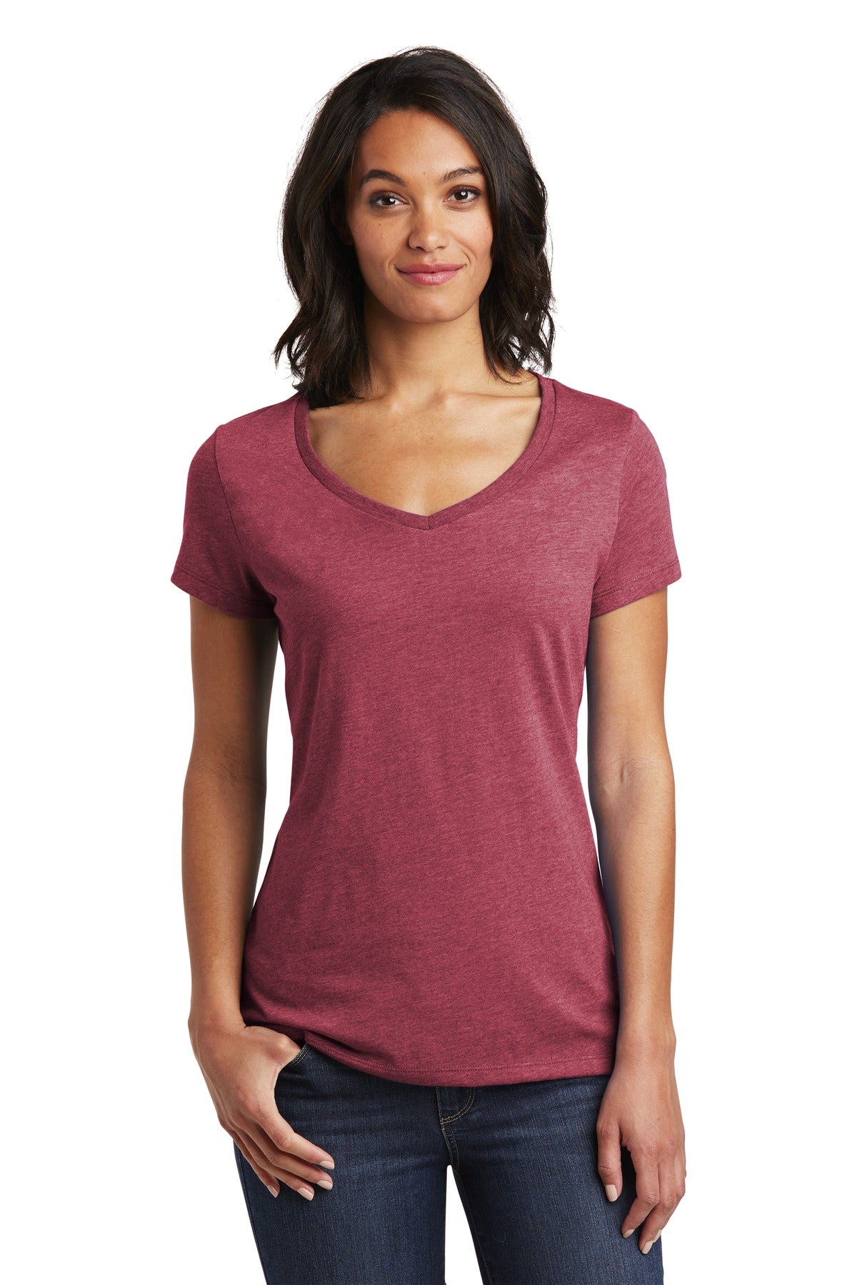Front View of Hthrd Cardinal District Women's Very Important Tee V-Neck. DT6503