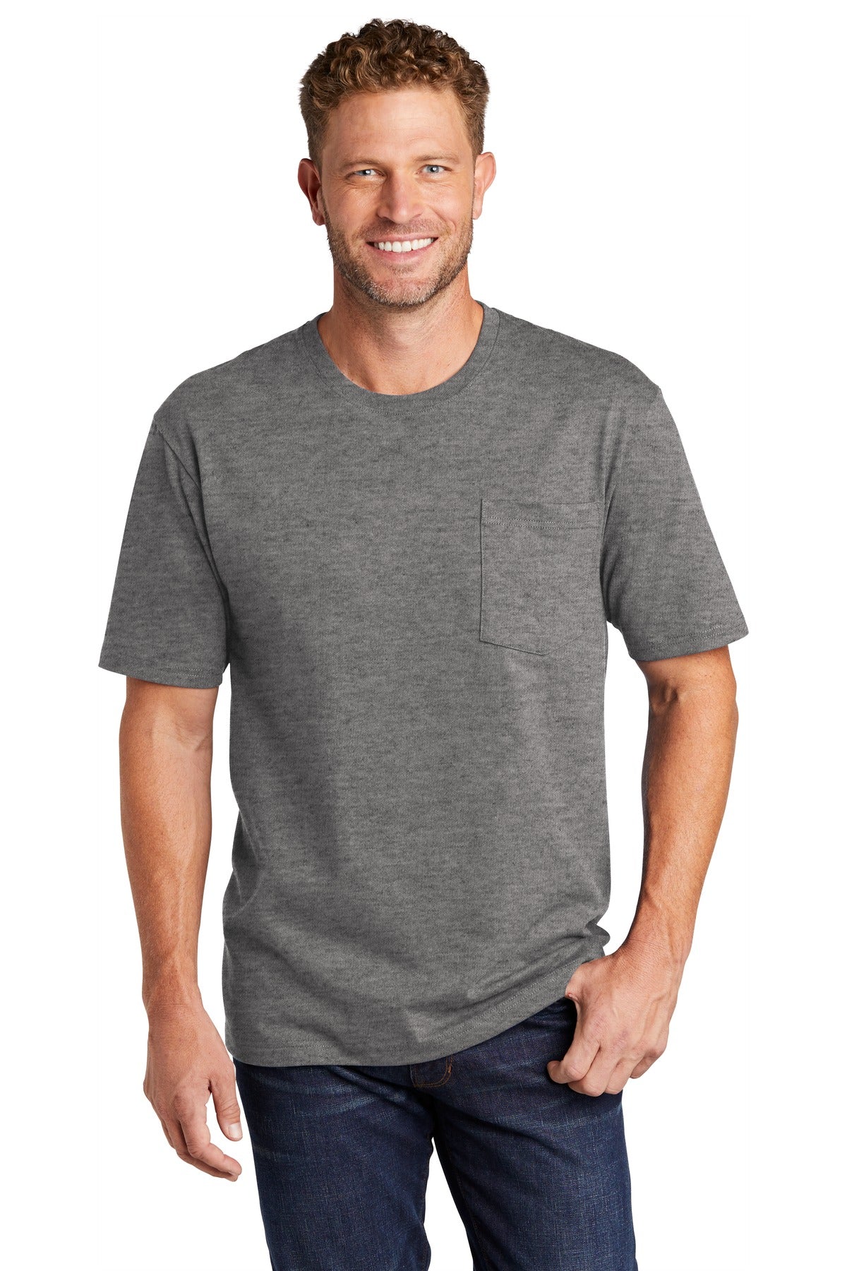 Front View of Hthrd Charcoal CornerStone Workwear Pocket Tee CS430