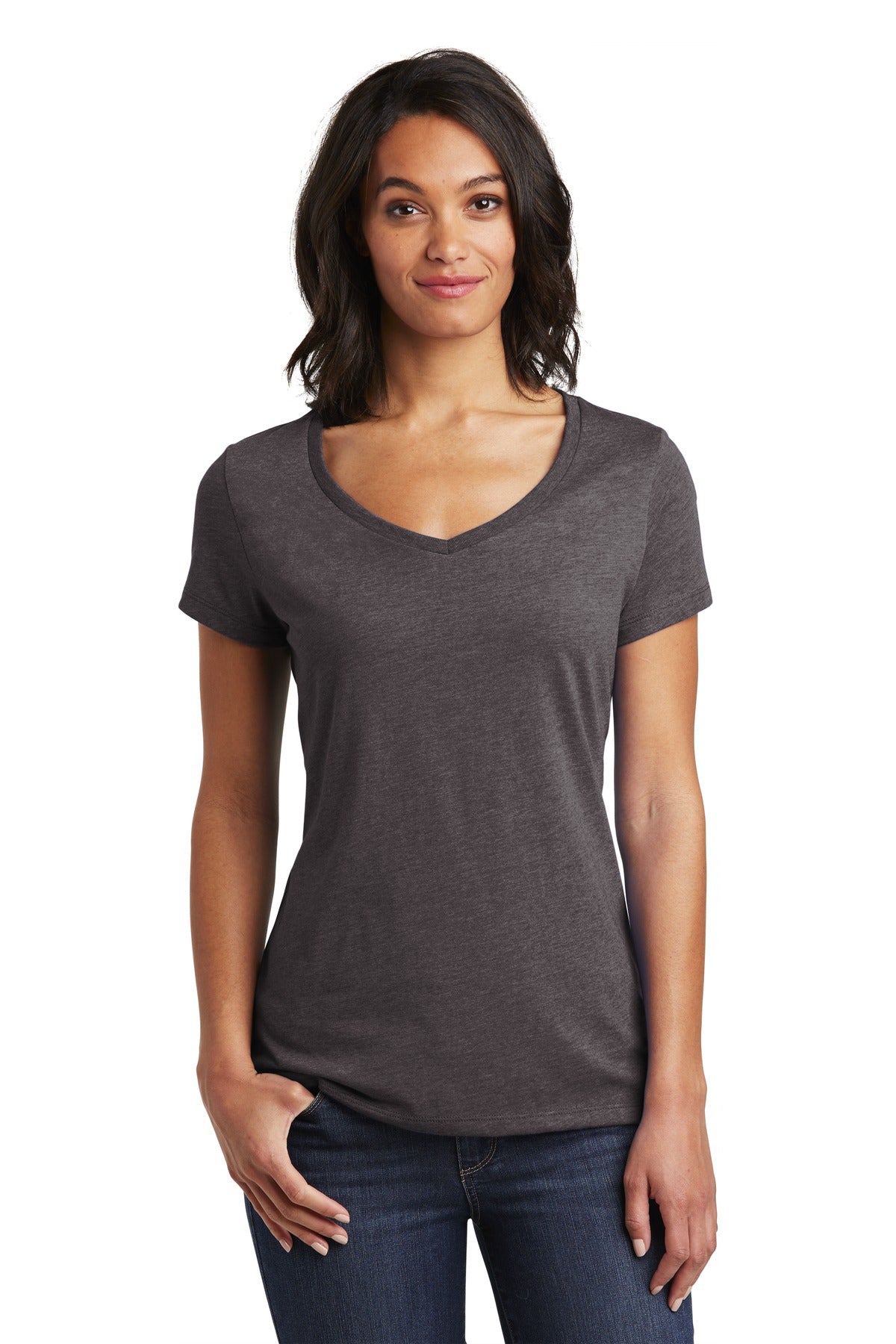 Front View of Hthrd Charcoal District Women's Very Important Tee V-Neck. DT6503