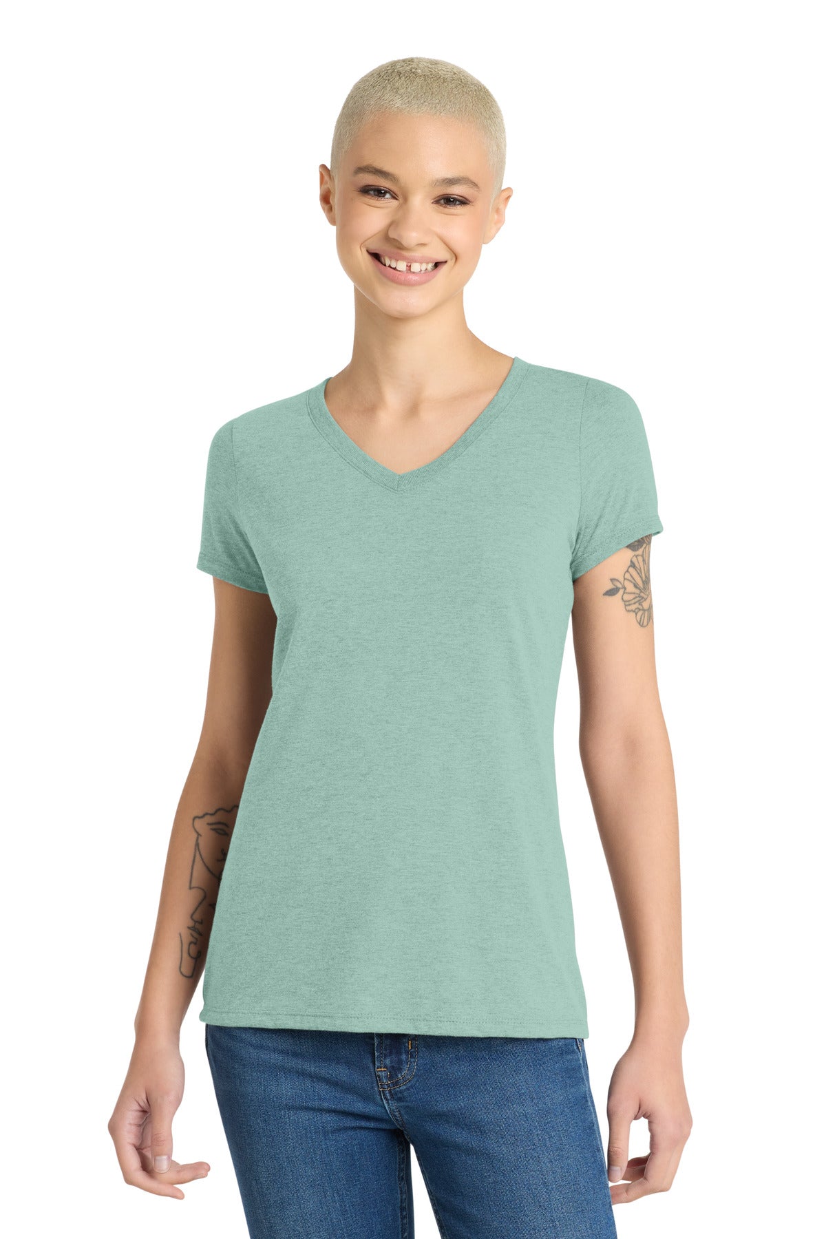 Front View of Hthrd Dsty Sag District Women's Perfect Tri V-Neck Tee. DM1350L